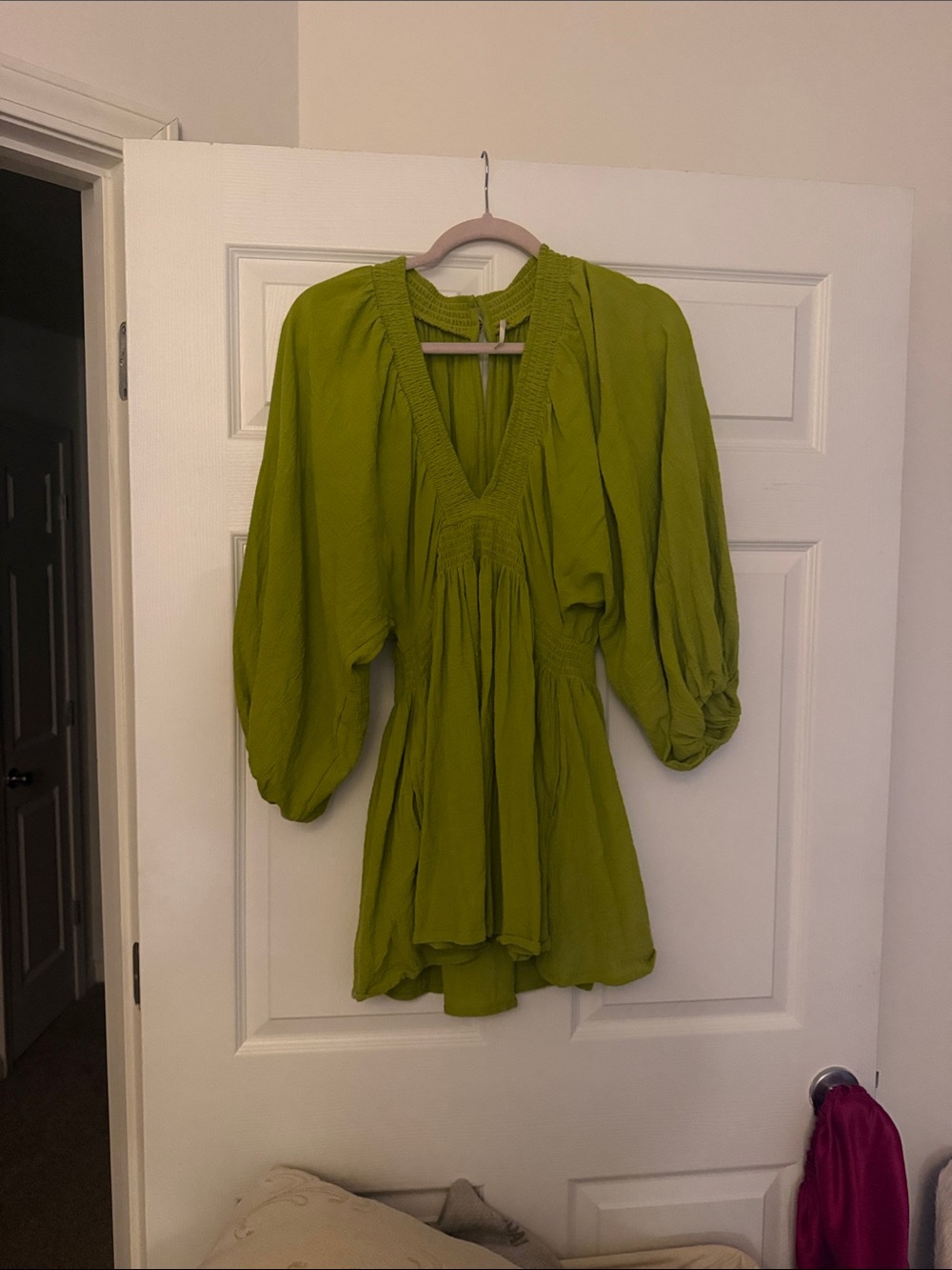 Free People Lime Green Smocked V-Neck Peasant Tunic